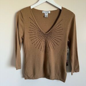NWT Nine West Brown Beaded Pullover Rayon Blend Knit Top 3/4 Sleeve Sweater M